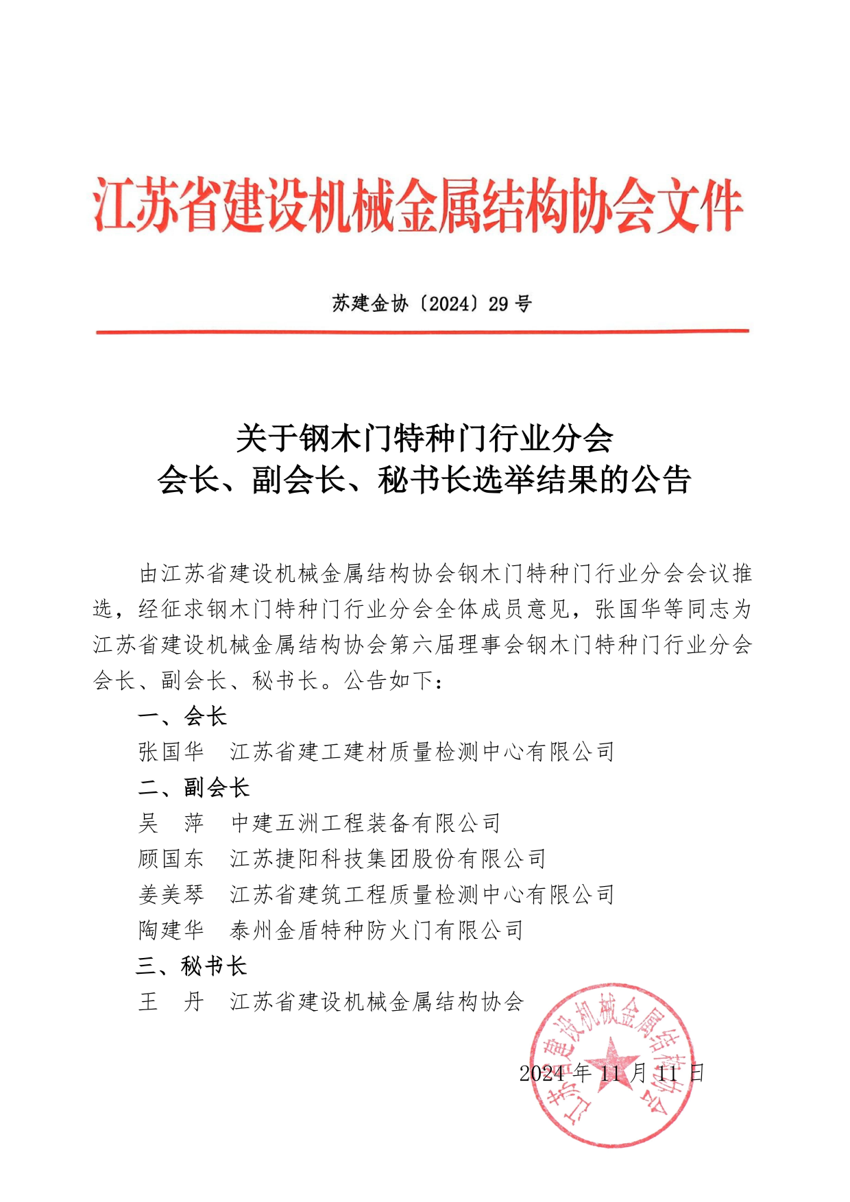 關于鋼木門特種門行業分會會長、副會長、秘書長選舉結果公告